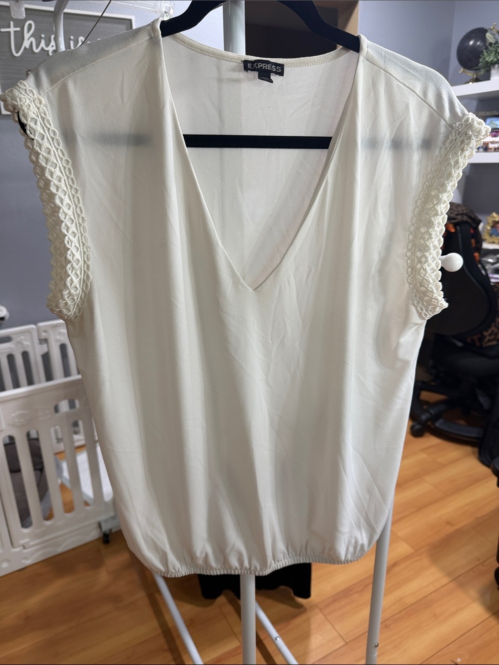 Express Cream V-Neck Crochet Sleeve Blouse